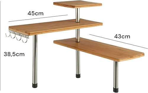 Avilia Étagère d'angle pour cuisine, 3 étagères, bois bambou, structure en acier, meuble angulaire porte-épices en bambou avec crochets - Nail Gallerys