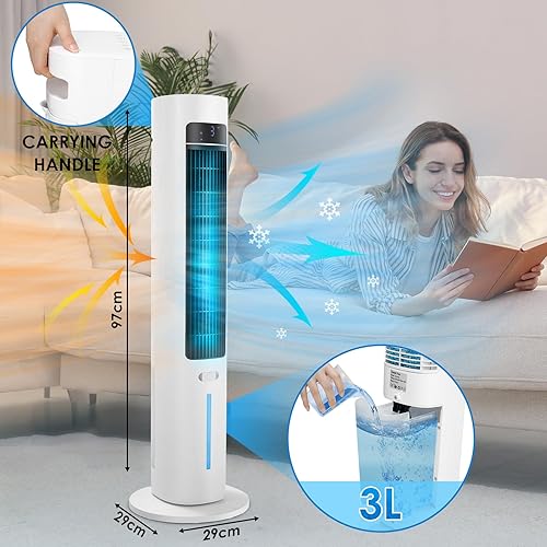 LIFERUN Ventilateur Tour avec Diffuseur d'Aromathérapie et Télécommande - Climatiseur Portable 3 Vitesses à Refroidissement par Eau, Oscillation 50°, Minuterie 12H et Mode Nuit - Ventilateur de Sol Si - Nail Gallerys