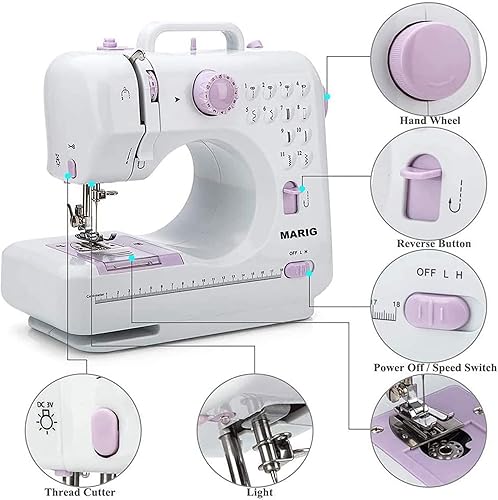 Machine à coudre pour débutants, manuel en 5 langues, accessoires 52PCS, 12 points 2 vitesses à double fil.MARIG FHSM-505 - Nail Gallerys