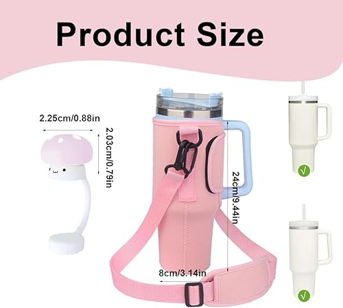1 manchon pour tasse et 1 couvercle pour paille, étui de transport pour tasse Stanley de 40 oz, porte-bouteille d'eau avec bandoulière réglable pour la marche, les voyages et le camping (rose) - Nail Gallerys