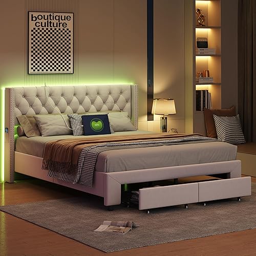 Lit Double 160x200 avec Sommier LED et USB,Lit rembourré avec sommier à Lattes et 2 Tiroirs de Rangement, Lit 2 Personnes pour Adultes et Adolescents (Beige, 160 x 200 cm) - Nail Gallerys