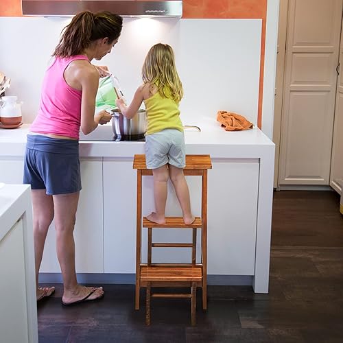 COSTWAY Tabouret Escabeau en Bois d'Hévéa Pliant, Marchepied 3 Marches, Escabeau Multifonctionnel avec Marches Réversibles, Portable, 57 X 41 X 76 cm, Capacité 310 kg (Chêne Foncé) - Nail Gallerys