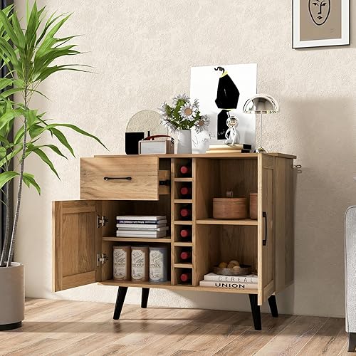 KOMFOTTEU Buffet Cuisine Industrielle, avec Porte-Bouteilles, Meuble de Rangement, 2 Armoires à Portes & 1 Tiroir, Armoire de Salle à Manger, Style Naturel, 90 x 40 x 79 cm - Nail Gallerys