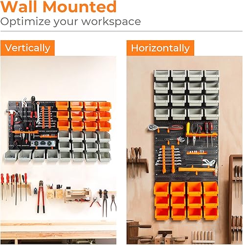 Todeco Etagere de Rangement Garage Panneau Perforé avec 28 Boîtes de Rangement, Bac de Rangement Atelier Bricolage, Lot de 46 Ensemble Casiers de Rangement et Crochets, 96 x 54 cm - Nail Gallerys