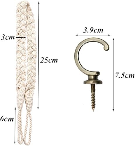 Pamtns Embrasse Rideau 2 Pièces avec 2 Crochet Embrasse Rideaux Embrasse Rideau Blanc Embrasses Aux Rideaux Corde en Coton Crochet Porte Rideau Vintage Rétro Crochets en Bronze - Nail Gallerys