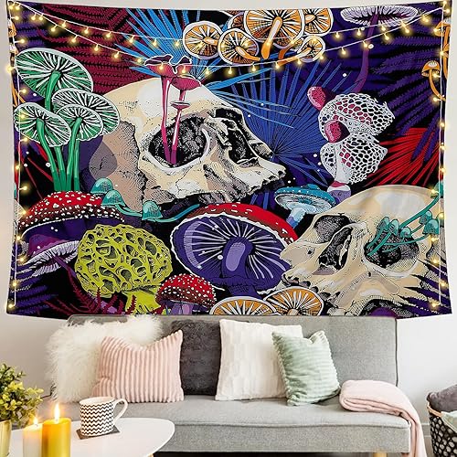 Dremisland Halloween Tapisserie Murale Crâne Tapisserie Champignon Forêt Tenture Murale Psychédélique Hippie Coloré Tapisserie Décorations Murales pour Chambre Salon - Nail Gallerys