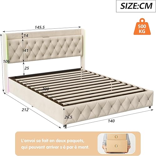 Henunem Lit Coffre 140 x 190 cm, lit Rembourré avec Espace de Rangement et Alampe de Lecture avec Fonction de Charge,Cadre de lit 140x190,pour Adolescents et Adultes, Velours (140x190cm) - Nail Gallerys