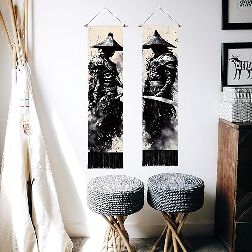 PLIGREAT 2 Pack Encre Style Tapisserie Samouraï Japonais Tenture murale verticale avec glands Noir Esthétique Tapisserie murale pour chambre Salon Dortoir Toile de fond Home Art Decor - Nail Gallerys