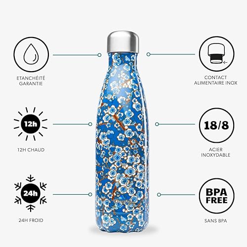 Qwetch - Bouteille Isotherme Originals Flowers Bleu 500ml - 24h Froid et 12h Chaud - Etanche, Sans BPA & Réutilisable - Gourde inox isotherme pour Sport, Voyage, Bureau, Randonnée - Nail Gallerys