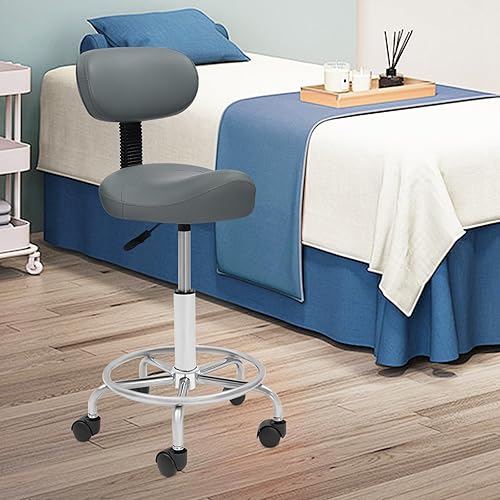 Tabouret de travail, à roulettes, réglable en hauteur, avec roulettes et dossier, rotation à 360 °, siège de selle, chaise de bureau, ergonomique, capacité de charge maximale : 150 kg, gris - Nail Gallerys