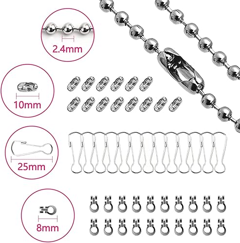 TEEUCNY Chaîne de Boule, Chaîne de Boule Acier Inoxydable 2.4mm, 10M Chaîne à Billes, Chaîne d'Extension Perlée, Chaîne à Rouleaux Perlée 75PCs Connecteurs (3 Modèles) pour Pendentif DIY Collier - Nail Gallerys