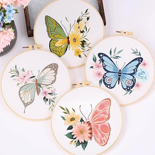 MINGHAM 4pcs Kit de démarrage de broderie avec motifs et instructions pour débutant,comprenant 2 cerceaux de broderie en plastique, des fils colorés et des aiguilles (Papillon) - Nail Gallerys
