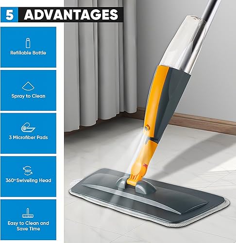 Balai Serpillère Spray avec Réservoir Rechargeable, Pulvérisateur à Gâchette, 3 Tampons Microfibres Lavables, Tête Pivotante 360° – pour Sols en Bois, Carrelage, Vinyle, Stratifié - Nail Gallerys