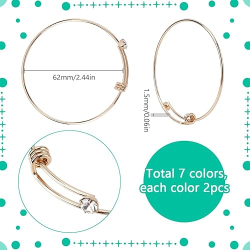 SUNNYCLUE 14 Bracelet Réglable en Fil de Fer Extensible de 7 Couleurs 304 Bracelets en Acier Inoxydable avec Strass Colorés et Breloques Vierges pour la Fabrication de Bijoux Fournitures de Bracelets - Nail Gallerys