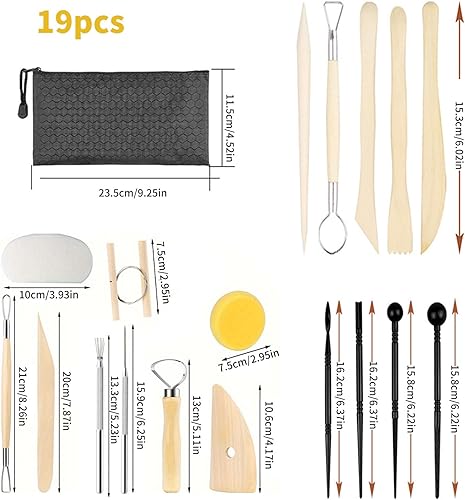 BDHYYM 19 pièces Outils de poterie, Ensemble d'outils de modelage, Outils en Argile polymère avec Sac de Rangement, Outil de poterie, Outils de Sculpture, pour Professionnels et débutants - Nail Gallerys