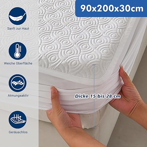 Protège-matelas, 90 x 200 cm, imperméable, en matériau silencieux, imperméable et respirant, convient aux matelas ayant jusqu'à 30 cm d'épaisseur - Nail Gallerys