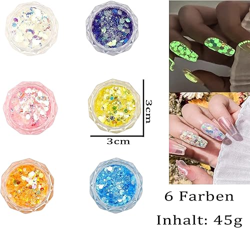 Visage à paillettes, 6 couleurs fluorescentes brillantes dans le noir, maquillage du visage, visage de festival, poudre pailletée, 45 g, pour le bricolage, pour le maquillage, les cartes, le nail art - Nail Gallerys