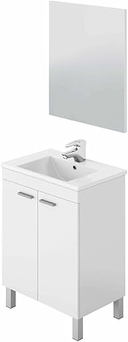 PEGANE Meuble Salle de Bain sous-Vasque 60 cm avec 2 Portes + Miroir Coloris Blanc Brillant - H80 x Longueur 60 x Profondeur 45 cm - Nail Gallerys