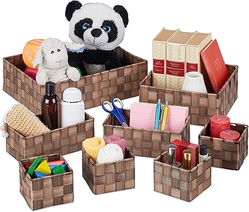 Relaxdays Paniers de Rangement, Lot de 8, 4 Tailles, Corbeille Effet Bois, tressé, Armoire et étagère, Plastique, Marron - Nail Gallerys