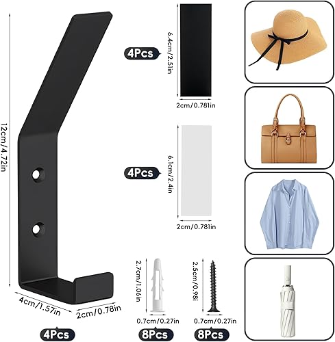 PEAKTOP 4 Pièces Porte Manteau Mural Noir, Crochet Manteau Mural Durable, Vis Invisibles Patère Murale, Moderne Crochet Porte Manteau Pour Vêtements Sacs Foulards Clés - Nail Gallerys