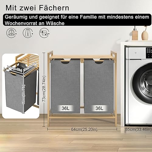 UISEBRT Panier à linge en bambou avec 2 compartiments, 72 l, en tissu Oxford, système de tri du linge amovible et lavable, 73 x 64 x 33,5 cm, gris - Nail Gallerys