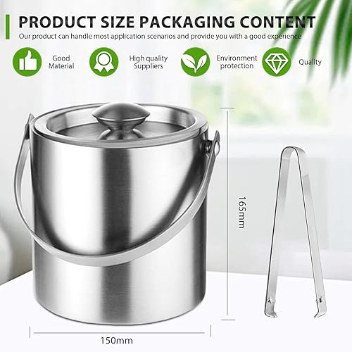 Seau à Glace Isotherme, 2L Seau à Glace en Acier Inoxydable, Double Paroi Sceaux à Glacon, avec Pinces Poignée Couvercle, pour Sceaux à Champagne, Barils à Boissons, Refroidisseur de Bouteilles - Nail Gallerys