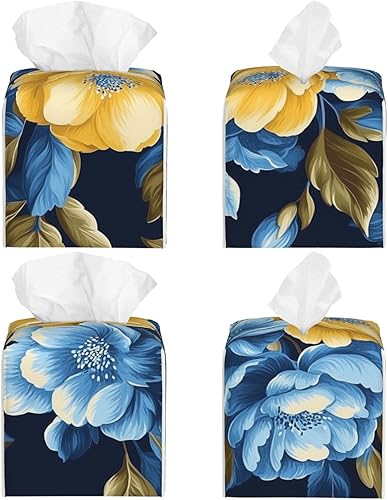 Housse de boîte à mouchoirs carrée en cuir à fleurs jaunes et bleues, décoration de chambre pour salle de bain, cuisine, bureau, tables de nuit - Nail Gallerys