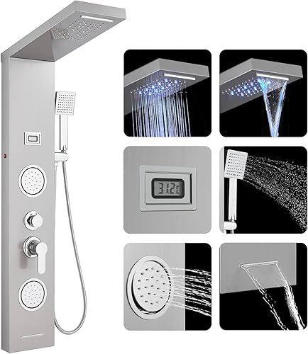 ROVOGO LED Colonne Panneau de Douche Hydromassante sans Robinetterie, 4 Modes - Douche de Pluie, 6 x Jets de Massage, Douchette à Main et Bec de Baignoire Cascade, Brossée Acier Inox, Montage Mural - Nail Gallerys
