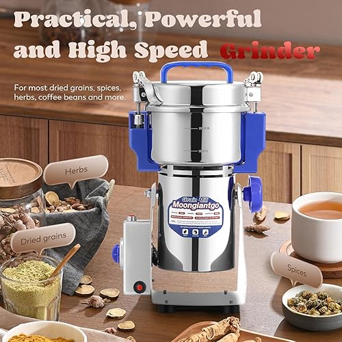 Moongiantgo 400g Moulin à Céréales Électrique Maille 50-300, Acier Inoxydable & Moteur Commercial de 1800W 28000RPM, pour Céréales, Épices, etc., avec Protection contre Surcharges & Open-Cover-Stop - Nail Gallerys