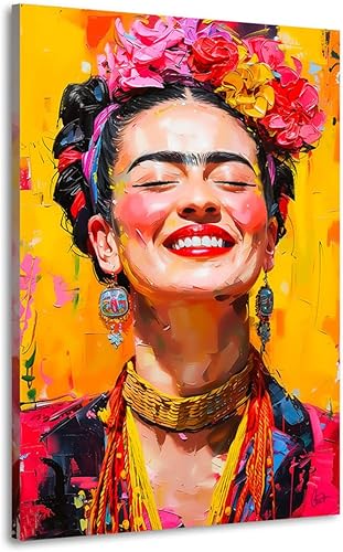 Kunstgestalten24 Frida Kahlo Lacht - Impression sur toile moderne - Avec châssis en bois véritable - 40 x 60 cm - Profondeur du cadre : 2 cm - Nail Gallerys