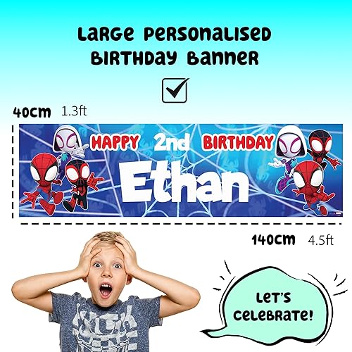 Marvel Spidey Bannière d'anniversaire personnalisée - Décoration de fête Spiderman personnalisée pour garçon - Parfait pour les fêtes d'anniversaire - Grand format 140 x 40 cm - Nail Gallerys
