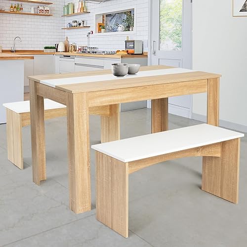 IDMarket - Ensemble Table à Manger et 2 bancs ROZY 4 Personnes façon hêtre et Blanc 110 cm - Nail Gallerys
