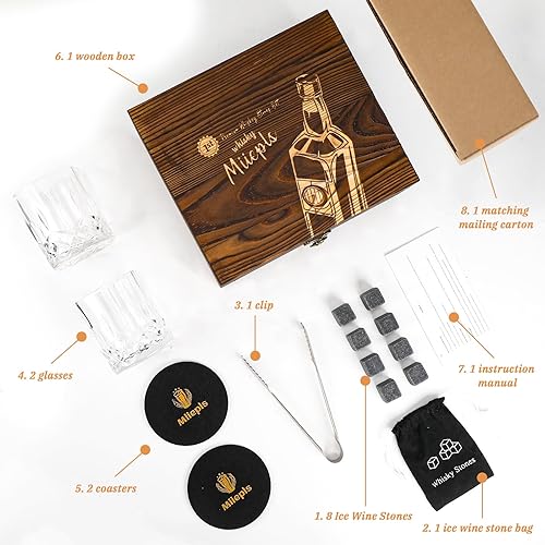 Verres à Whisky, Ensemble-Cadeau de Verres à Whisky en Cristal pour Scotch, 2 Verre a Whisky, 8 Pierre a Whisky Glacon Reutilisable, 2 sous-Verres & Pinces - Nail Gallerys