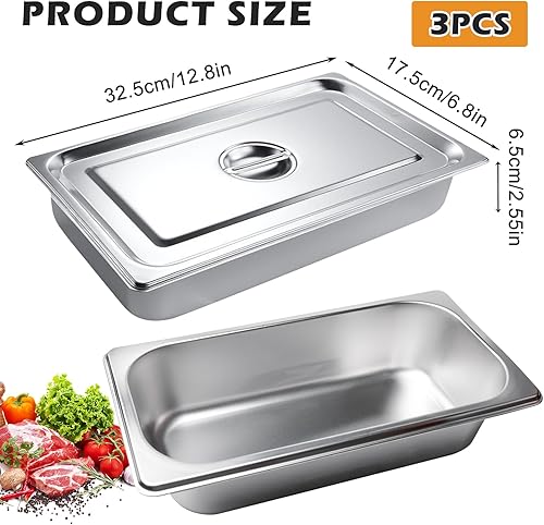 PORFOYO Bac Gastro Inox, Set de 3 Bacs Gastronomiques Inox avec Couvercles, Plat Inox avec Couvercle, Plat Inox 32,5x17,6x6,5cm GN 1/3 pour Panure, Cuisine Pro, Service - Nail Gallerys