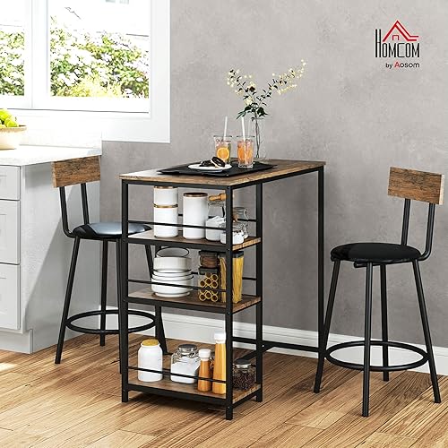 HOMCOM Table de Bar avec Tabouret de Bar, Ensemble de 3 Tables de Bar avec Table de Cuisine, 3 étagères, 2 chaises de Bar, de Style Moderne, Ensemble pour Salle à Manger, Cuisine, Acier, chêne - Nail Gallerys