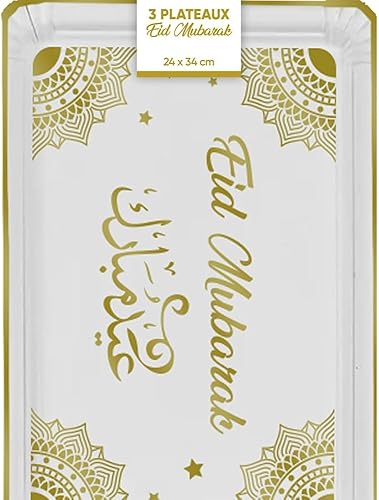 SV SURPRISEZ-VOUS - 3 Plateaux Carton Eid Mubarak 24X34CM Blanc Or - Nail Gallerys