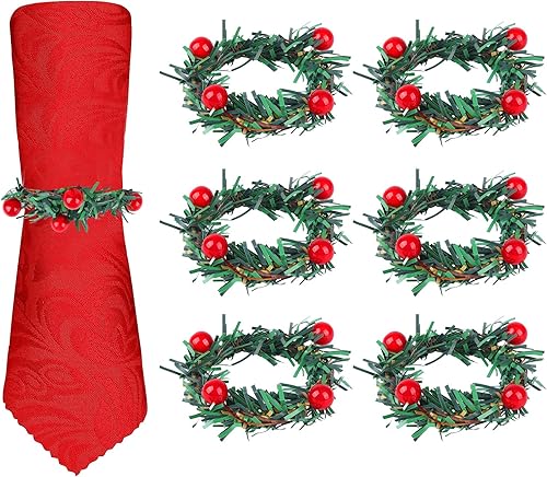 Lot de 6 Ronds de Serviette de Noël Couronne, Ronds de Serviette de Noël en Aiguille de pin aux Baies de Noël Décoration de Table, Anneaux Noël Rond de Serviette Noel Ronds et Porte Serviettes - Nail Gallerys