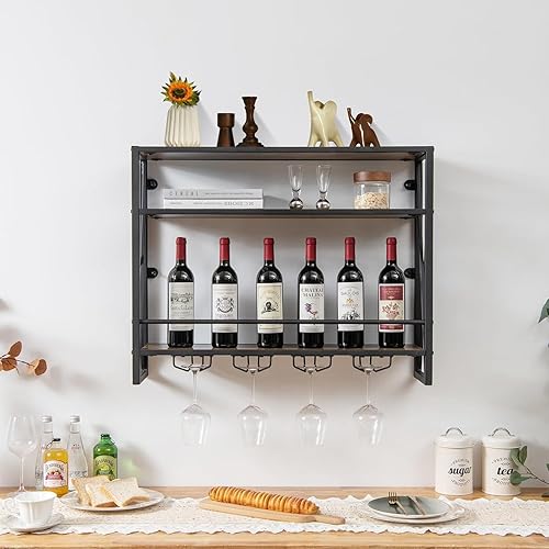 FANTASK Étagère Murale à 3 Niveaux avec Cadre en métal - Étagère à Bouteilles en Bois avec 4 rangées de Porte-Verres à vin - Nail Gallerys