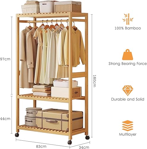 MiaJJooLi Portant à vêtements avec roulettes, porte-manteau en bambou avec 2 étagères de rangement, organiseurs de placard ouverts et une tringle supérieure pour chambre à coucher, couloir, 98 cm - Nail Gallerys