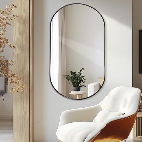 Melodieux Miroir de salle de bain noir pour mur, 60 x 90 cm, miroir mural ovale avec cadre en métal, miroir décoratif pour chambre à coucher, salon, entrée, horizontalement ou verticalement - Nail Gallerys
