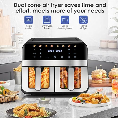 Friteuses à Air Deux Compartiments - Air Fryer Grande capacité 9L, 8 Programmes Automatiques, Friteuse sans Huile, Ecran Tactile Digital, 2400W, 80-200°C, Technologie Rapid Air - Nail Gallerys