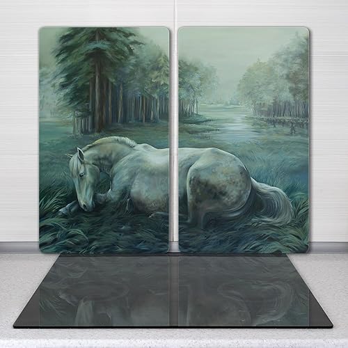 Coloray Planche à découper 60x52cm Protection Plaque Induction Cuisson Tapis de Découpe Verre Trempé Verre de Sécurité Avec Une Image Impression - nature cheval Forêt - Nail Gallerys