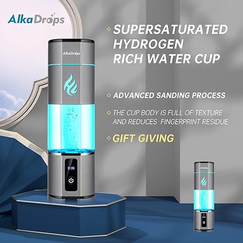 Alkadrops Générateur d'eau riche en hydrogène,Concentration maximale moléculaire jusqu'à 5000 ppb,Machine portable à hydrogène,Membrane PEM et technologie SPE,Ioniseur Type-C,Recharge,Gris foncé - Nail Gallerys