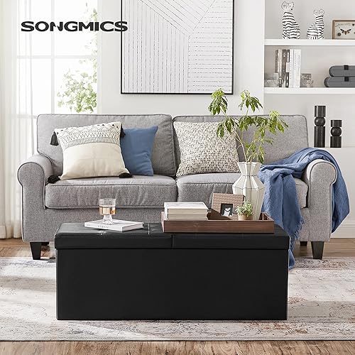 SONGMICS Banc de Rangement Pliable, Coffre avec Couvercle Rabattable, Tabouret, Bout de lit, Volume 120L, Charge Statique maximale 300 kg, 110 x 38 x 38 cm, Noir LSF75BK - Nail Gallerys