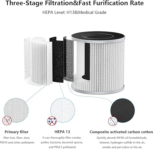 Purificateur d'Air H13 Hepa Véritable,Purificateur d'Air Anion avec 3 Étapes de Filtration,Capturer Pollen, Fumée, Poussière, Poils d'animaux,3 Vitesses,Veilleuse,1/2/4/8H Minuterie,sans Ozone - Nail Gallerys