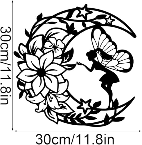 YunBey Décoration Murale Métal Noire Deco Murale en Métal de Fée de Fleur de Lune Sculptures Décoration Chambre des Filles Salon Jardin Salle de Bain (30 x 30 CM) - Nail Gallerys