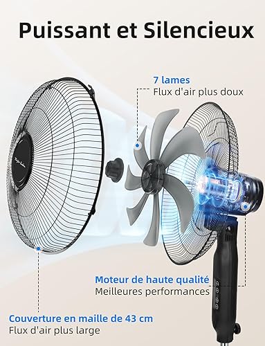 Taylor Swoden Ventilateur sur Pied avec Télécommande, Minuterie 9h, 50W Ventilateur Silencieux Puissant, 3 Modes/3 Vitesses, Affichage LED, 7 Pales Oscillantes 90°, Hauteur Réglable 111-126cm - Nail Gallerys