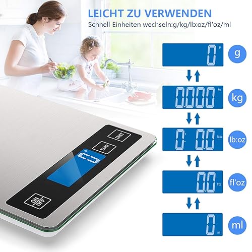 NBPOWER Balance de cuisine, numérique, 10 kg, en acier inoxydable et verre trempé, avec grande surface de pesage, précision de 1 g, balance alimentaire, de ménage - Nail Gallerys