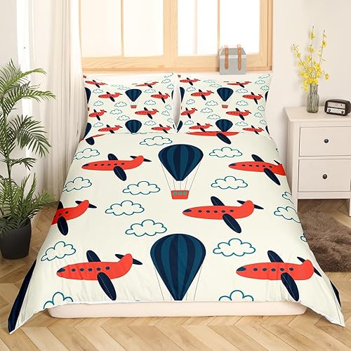 Homewish Housse de Couette Avion Enfant, Parure de Lit 140x200 Avion Rouge et Noir pour La Chambre d'enfant Garçons Filles, Ensemble de Literie Avion de Ligne Nuages Ciel Montgolfière, 2Pcs - Nail Gallerys