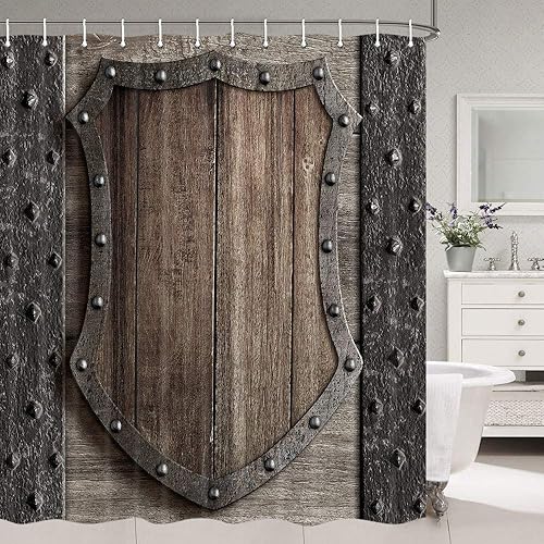 DYNH Rideau de douche médiéval, bouclier en bois sur porte de château médiéval, rideau de bain en tissu polyester avec 12 crochets, 177,8 x 178,8 cm - Nail Gallerys